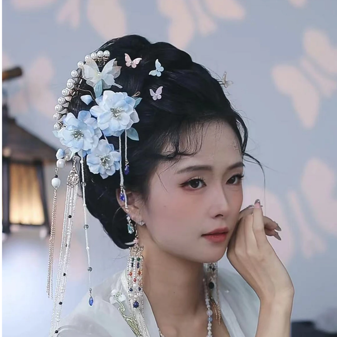 风雪初晴栀蓝月发夹发簪 原创设计日常百搭汉服配饰手工复古古风