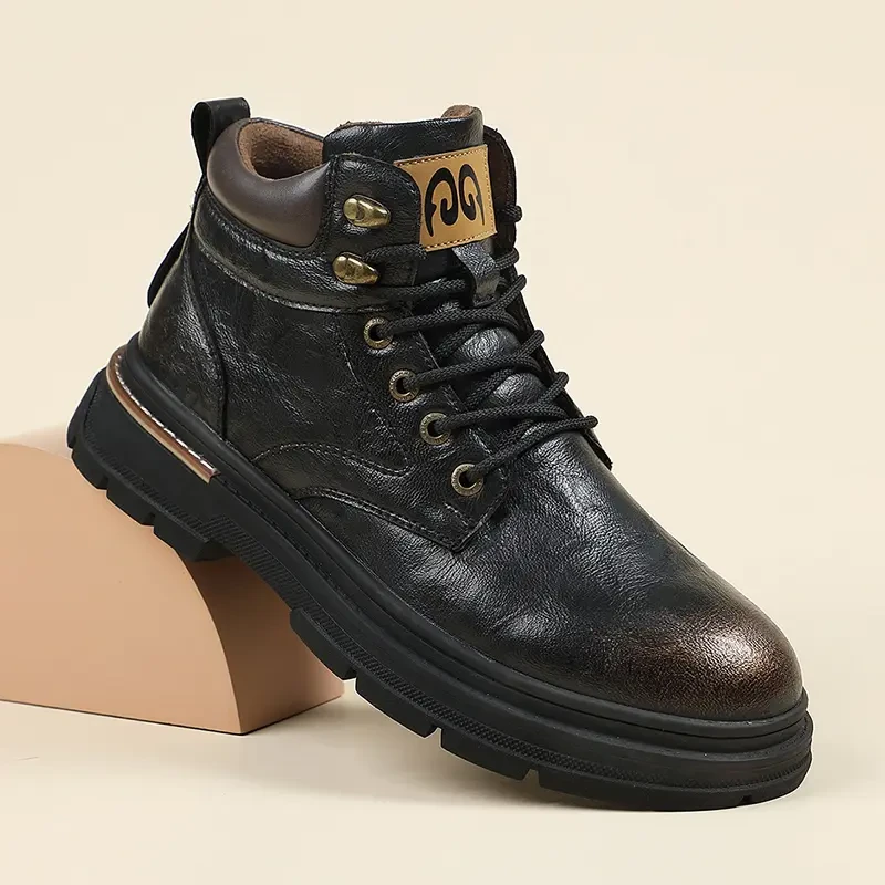 牧元素男士马丁靴秋冬新款英伦风二层皮厚底中帮复古工装靴男