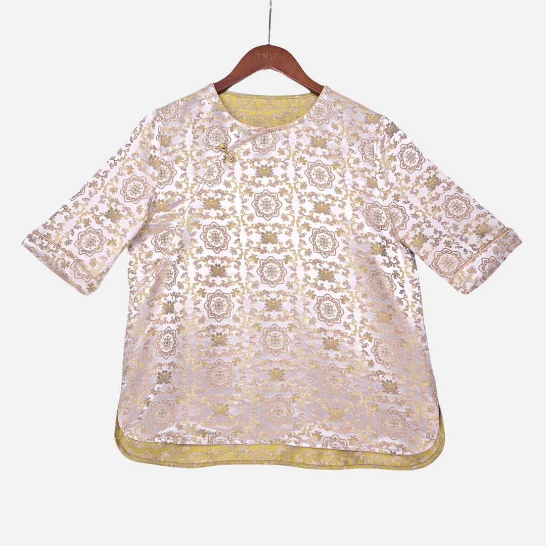 【时安】桑蚕丝宋锦国风新中式显气质圆领复古圆领短袖上衣2416771