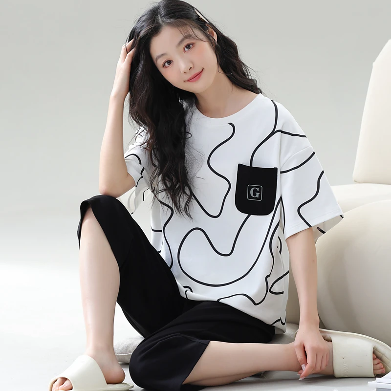 睡衣女夏纯棉宽松简约短袖七分裤套装夏薄款透气圆领家居服可外穿