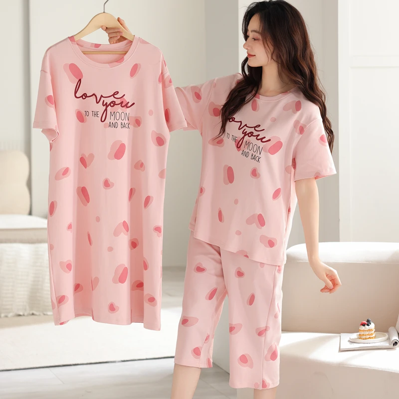 【拍一发三】睡衣女夏季棉透气居家短袖七分裤套装+睡裙粉色
