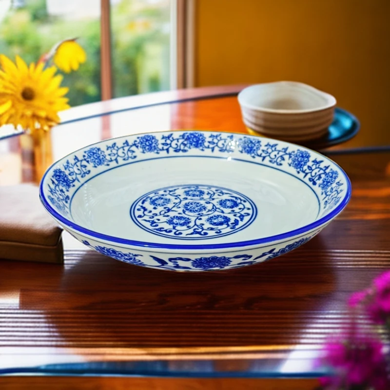 青花瓷盘子家用菜盘陶瓷酒店老式饭盘釉下彩圆形中式菜碟子可微波