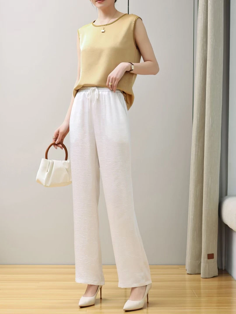 春夏新款休闲百搭松紧腰直筒裤