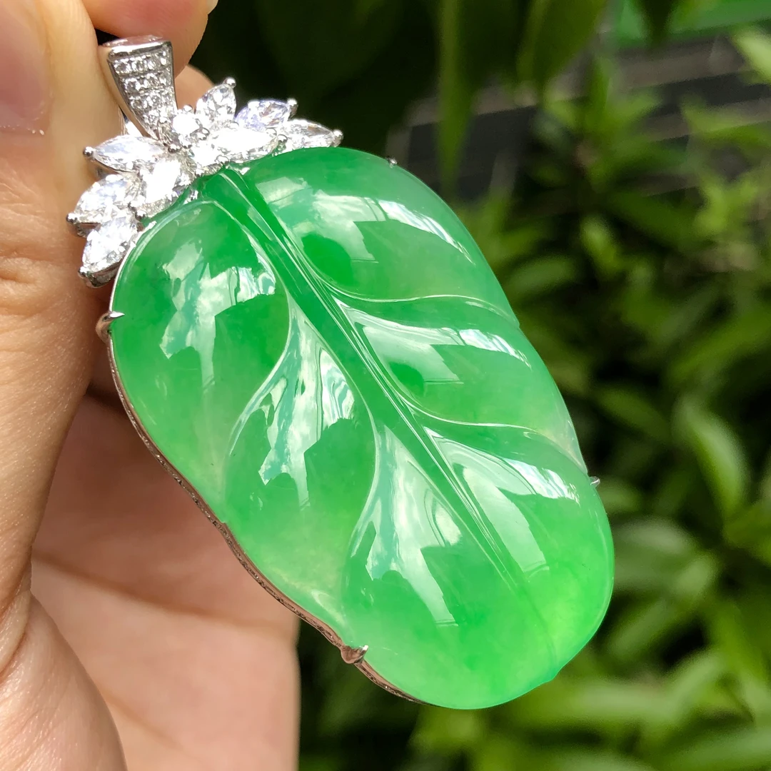 缅甸天然A货翡翠大叶子吊坠冰阳绿种老起头男女款18k金