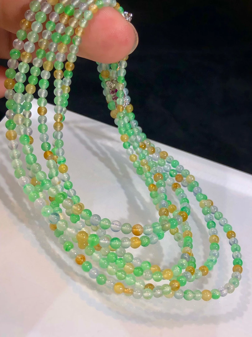 缅甸天然A货翡翠小米珠项链63cm3mm两条