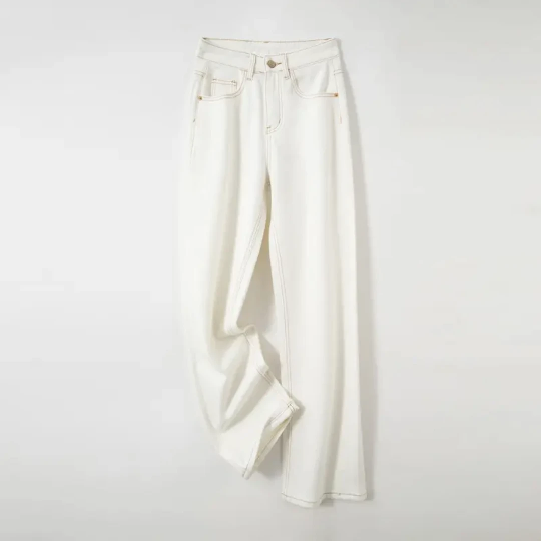 【67572】2024秋冬四面弹高端米白色窄版直筒阔腿牛仔长裤高腰显瘦