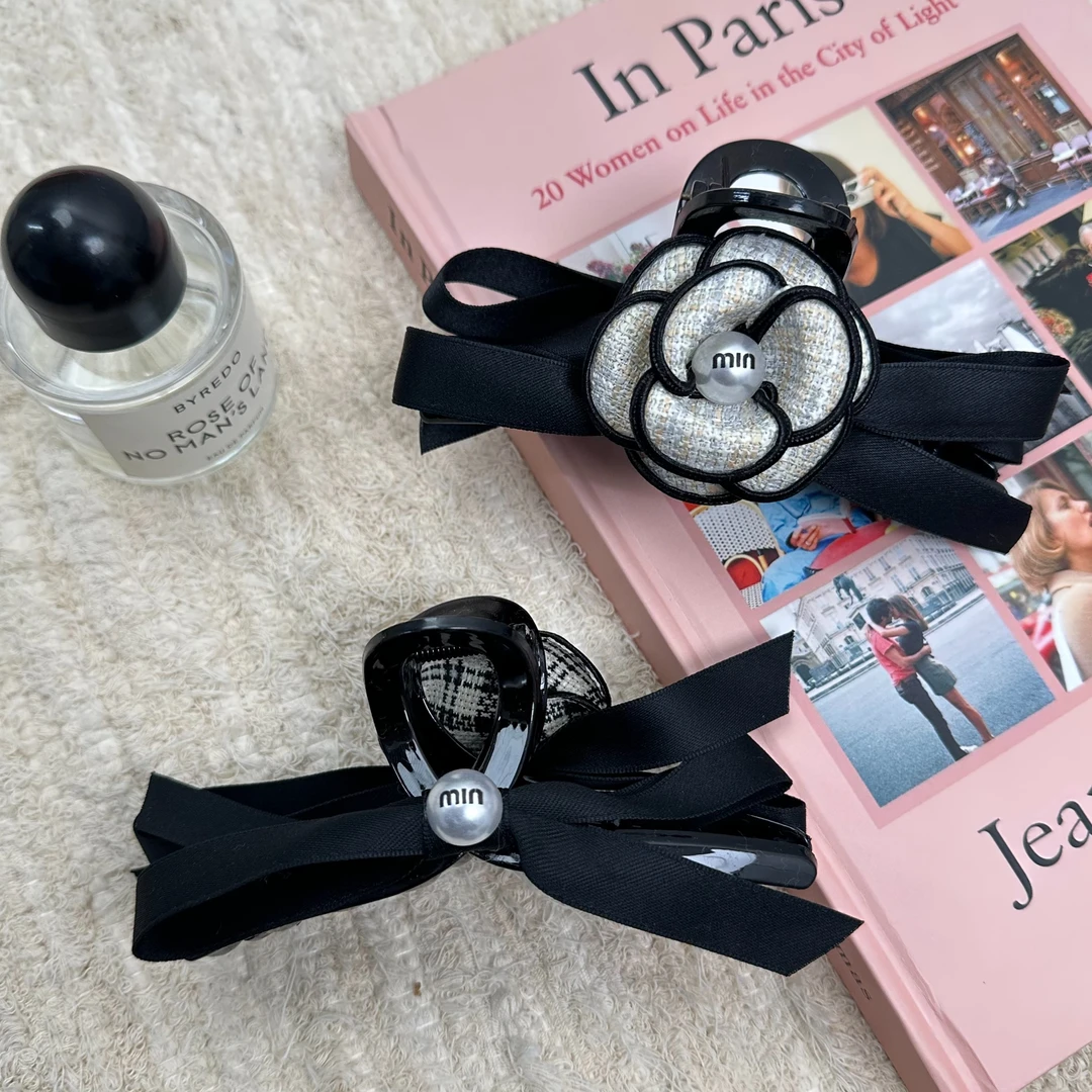 VAMER法式优雅复古黑白格子小香风山茶花蝴蝶结抓夹后脑勺鲨鱼夹