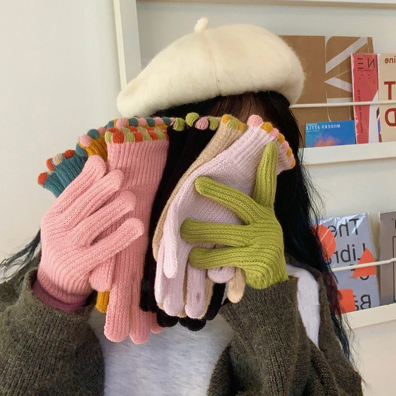 小糖豆韩版毛线针织手套冬季女加厚可触屏露手指头保暖骑车暖手套