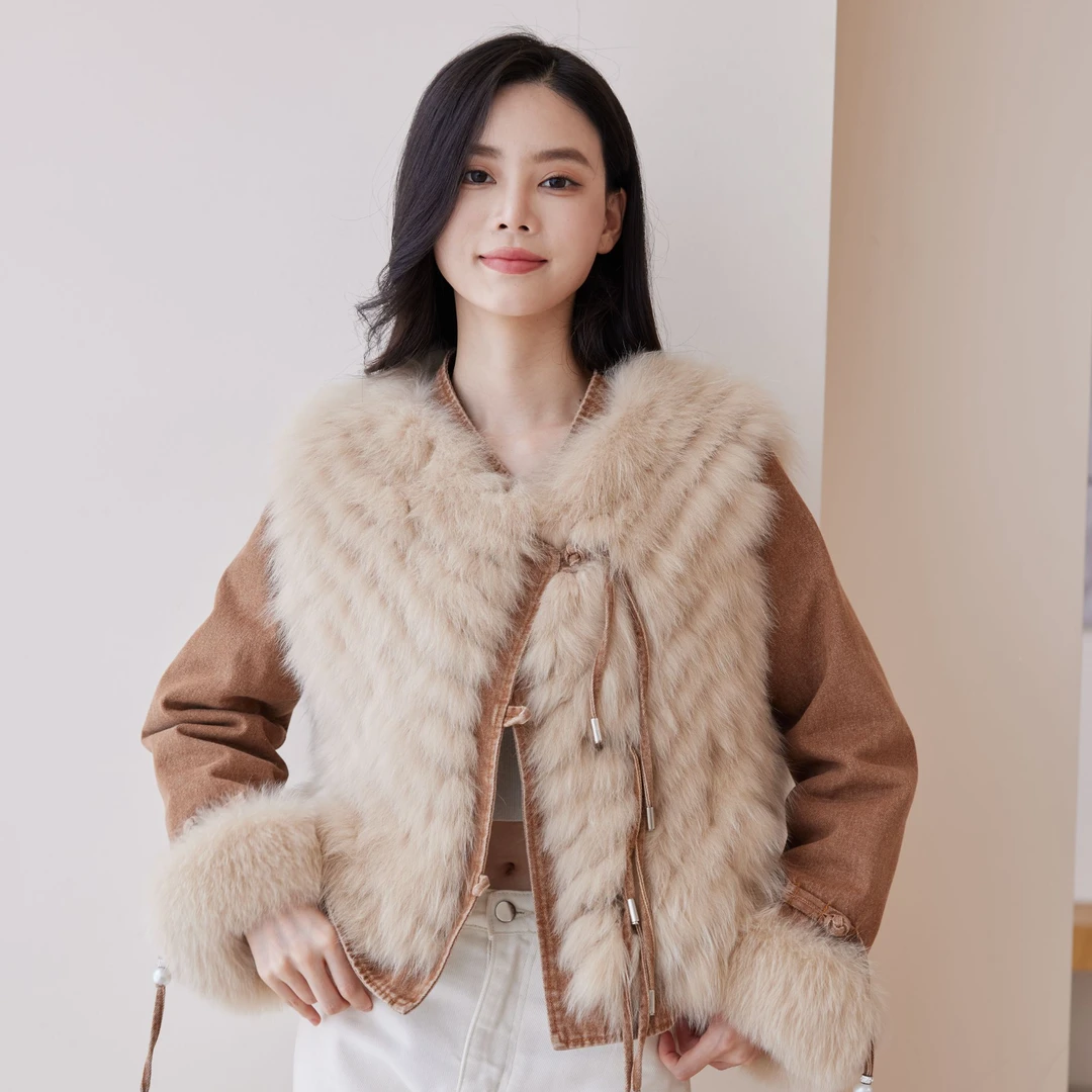 菲娜黛儿麂皮绒皮草上衣牛仔皮草狐狸毛气质女生原创设计海宁皮草