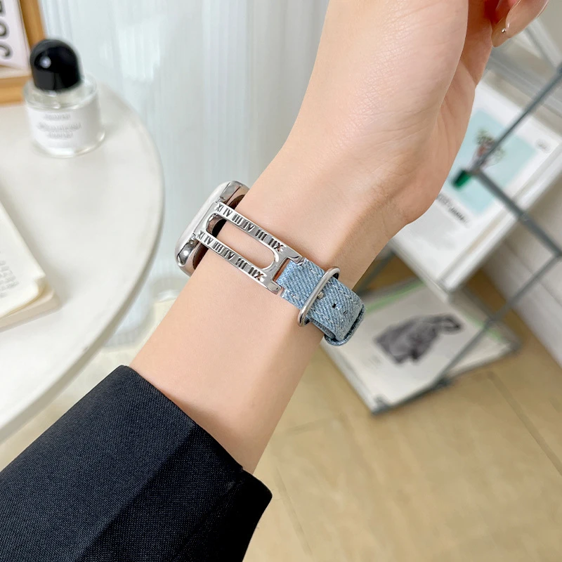 适用苹果iwatchS10手表表带apple新款牛仔布s9/8/7金属腕带男女生