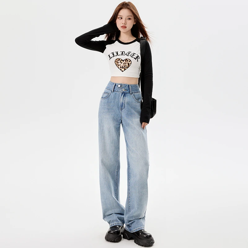 2025年秋季新款垂感拖地直筒阔腿牛仔裤子高腰浅蓝色宽松显瘦女