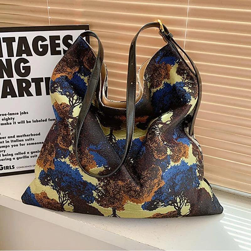 复古油画印花双面单肩包2024新款大容量流浪包时尚撞色提花托特包