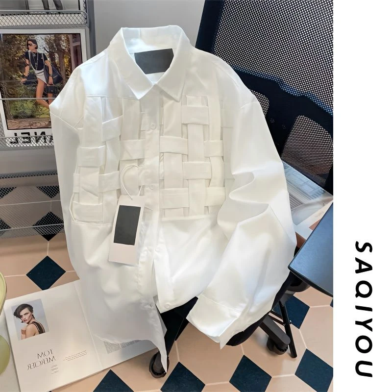 2023秋季潮流衬衣白色百搭感设计痞帅长袖衬衫美式小众上衣网格衬