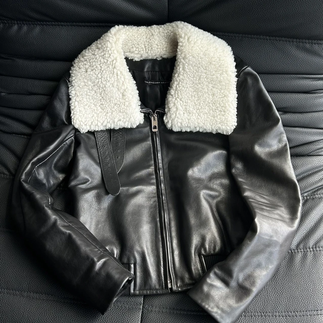 Balenciaga巴黎世家 真皮毛领美式复古夹克 38码