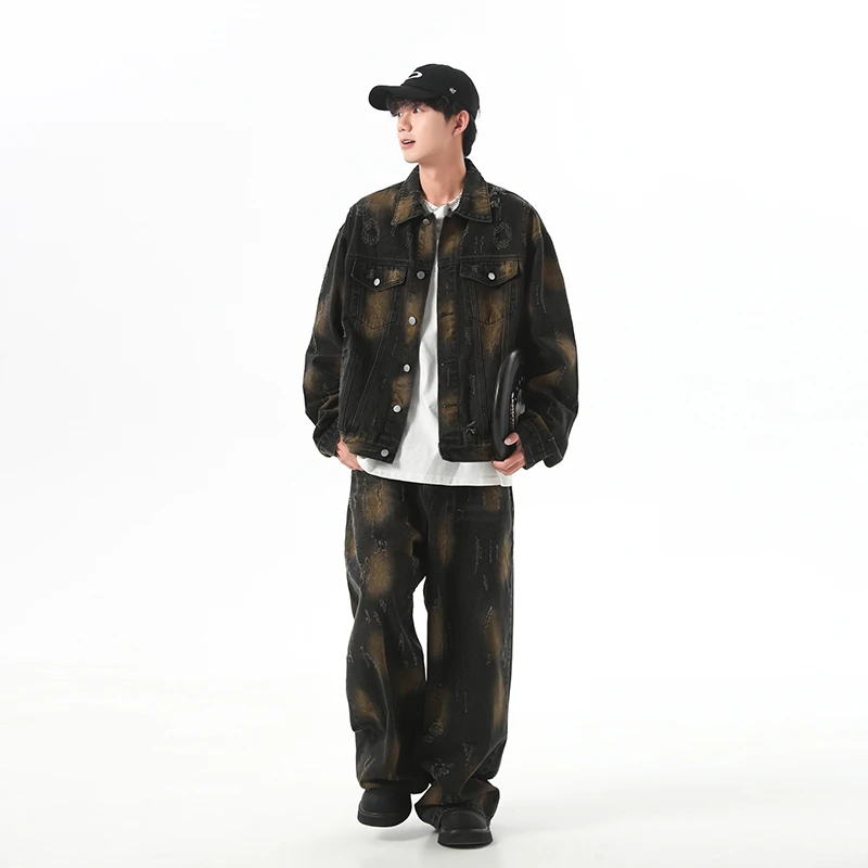 宽松潮流水洗复古破洞春秋痞帅百搭休闲学生外套牛仔夹克裤子套装
