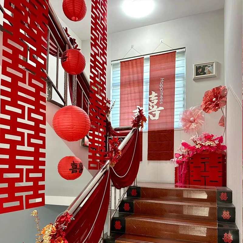 农村新房婚礼场景布置蝴蝶结拉花装饰品结婚楼梯扶手装饰婚房套装