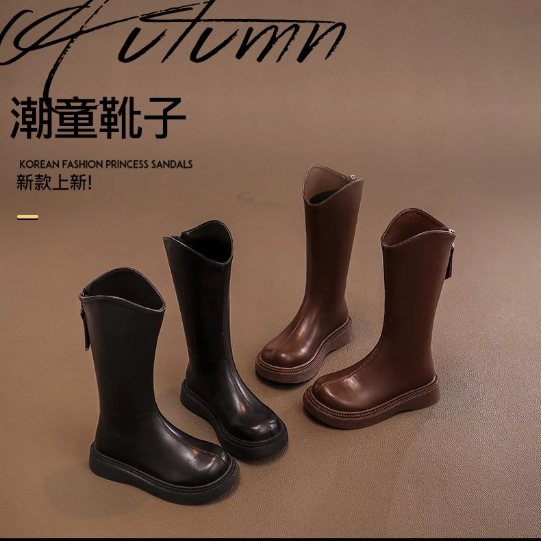 女童靴子时尚长靴厚底儿童长筒靴单靴 2025秋冬款加绒公主小皮靴