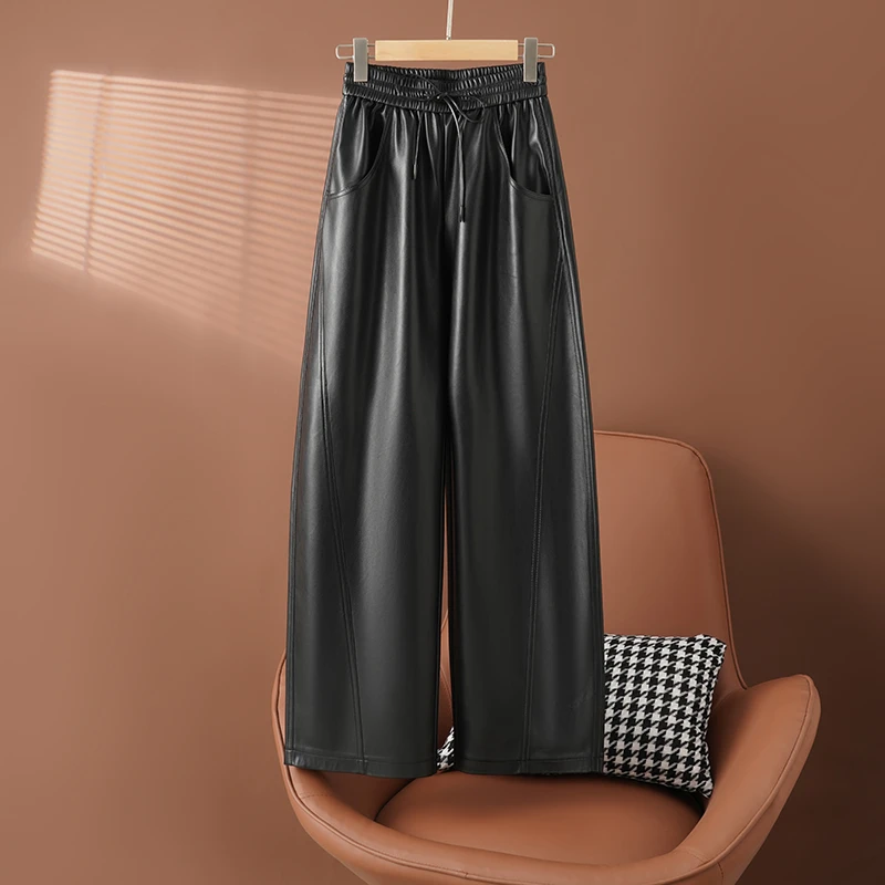 拖地裤海宁真皮皮裤女百搭阔腿休闲松紧腰显瘦时尚绵羊皮裤子