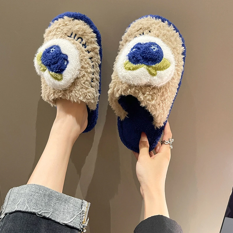 新款女棉拖鞋冬季保暖室内毛毛棉鞋外穿可爱水果装饰加厚拖鞋毛绒