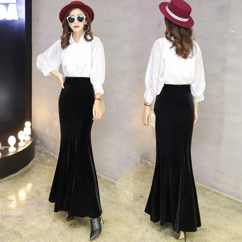 2023秋冬新款高档鱼尾裙中长款高腰一步裙显瘦包臀裙金丝绒半身裙