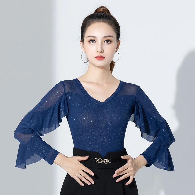 现代舞拉丁舞服女成人国标舞上衣交谊摩登舞长袖连体衣上装演出服