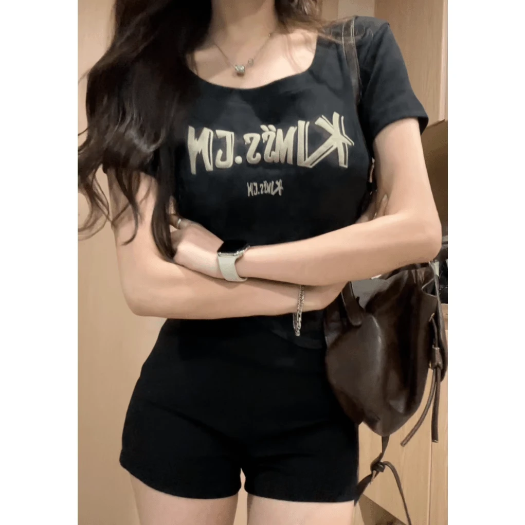 美式扎染U领短袖t恤女夏新款辣妹显瘦正肩獪篱母印花短款纯欲