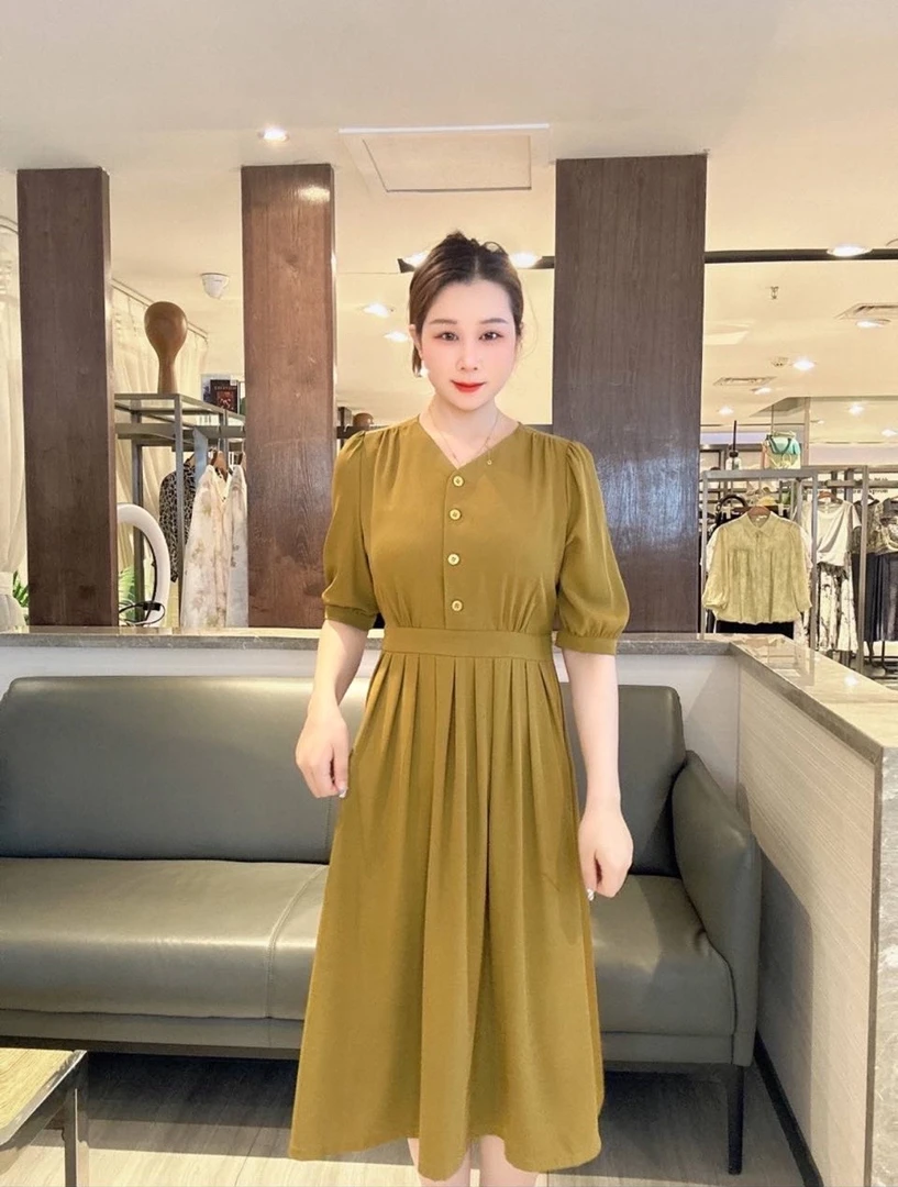 简约轻熟风中长款纯色时尚休闲夏季短袖V领女装连衣裙U2159