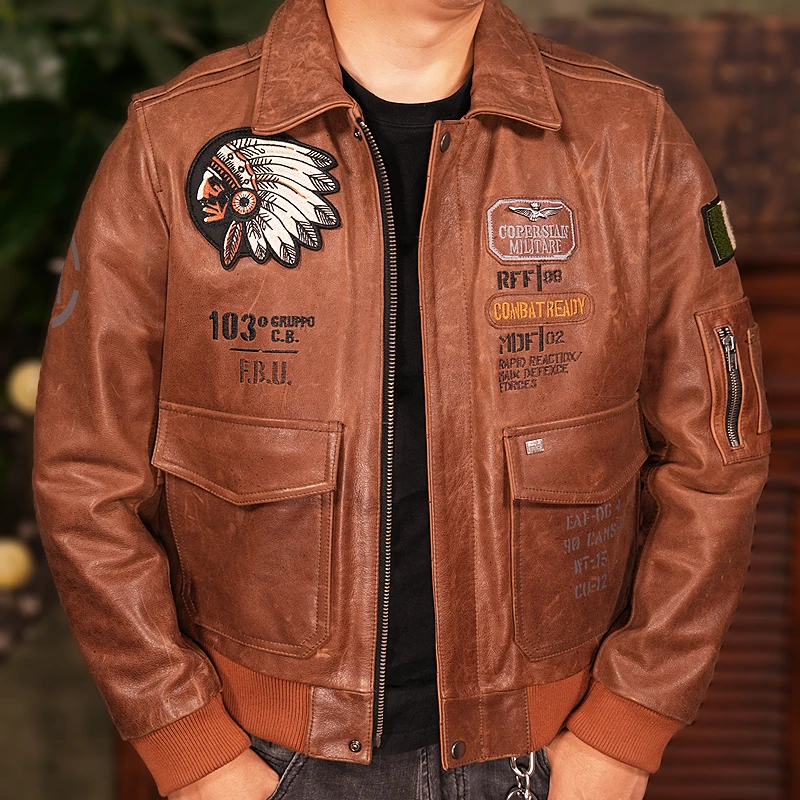 印第安图案驼色经典空军飞行服牛皮皮衣男士头层真皮机车夹克外套
