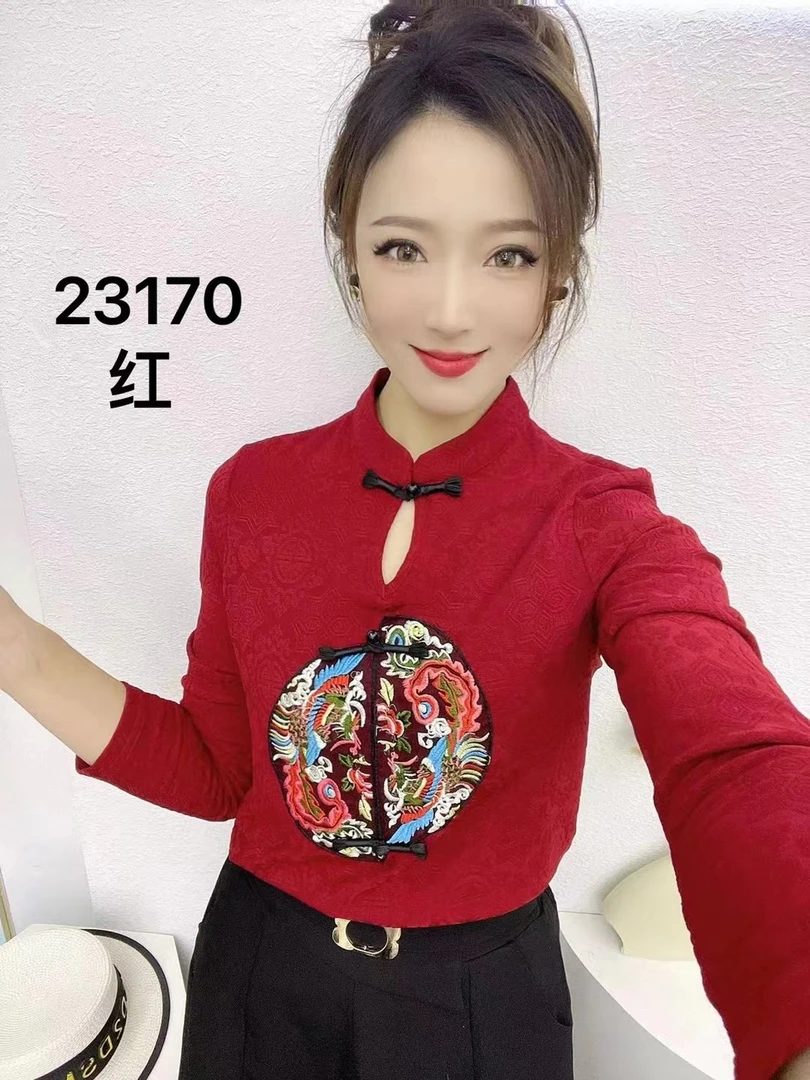 【KK】LLH23170秋冬新款加绒加厚图腾刺绣盘扣长袖时尚修身保暖上衣