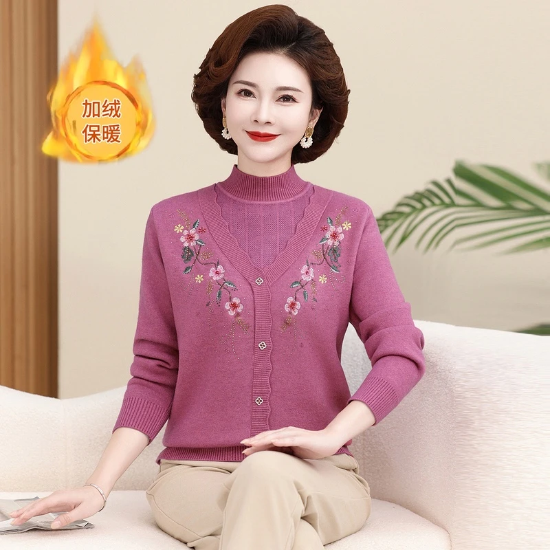 妈妈冬装加绒加厚内搭假两件毛衣2024新款中年女装半高领保暖上衣