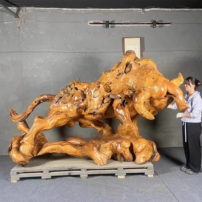 运势如意牛摆件招财根雕底座香樟木雕刻牛气冲天别墅公司开业礼物