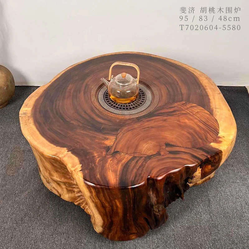 南美胡桃木原木原切树墩中式美学茶艺茶室茶空间休闲桌围炉煮茶桌
