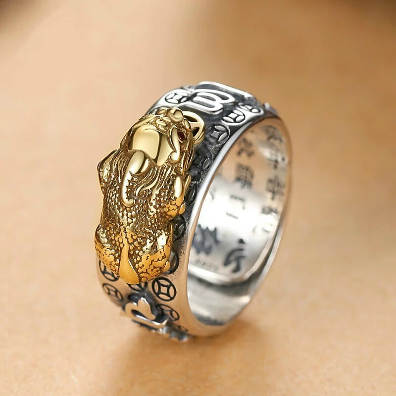 足银戒指 中国银都990纯银貔貅戒指男士复古经典六字真言单身男戒