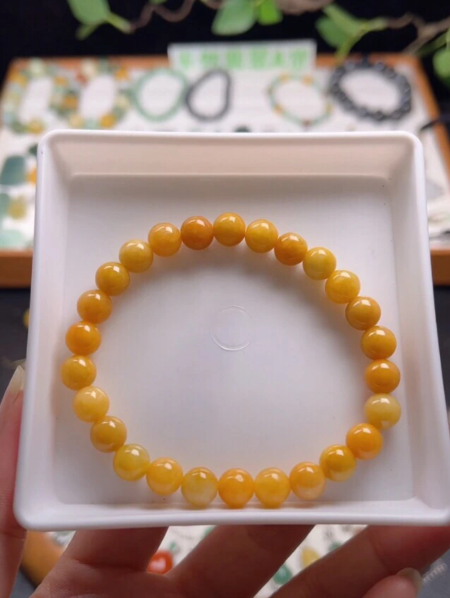 黄翡手串珠子手链天然翡翠A货满黄黄色单圈精美女士女款气质轻奢