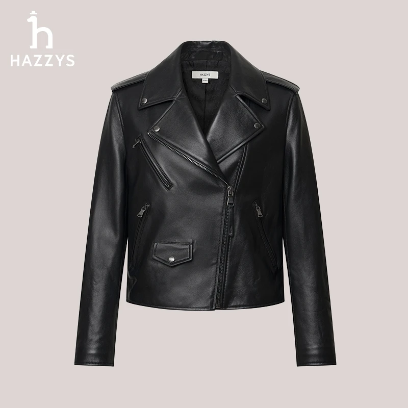 Hazzys哈吉斯秋冬季女士皮夹克外套气质短款机车时尚百搭黑色翻领