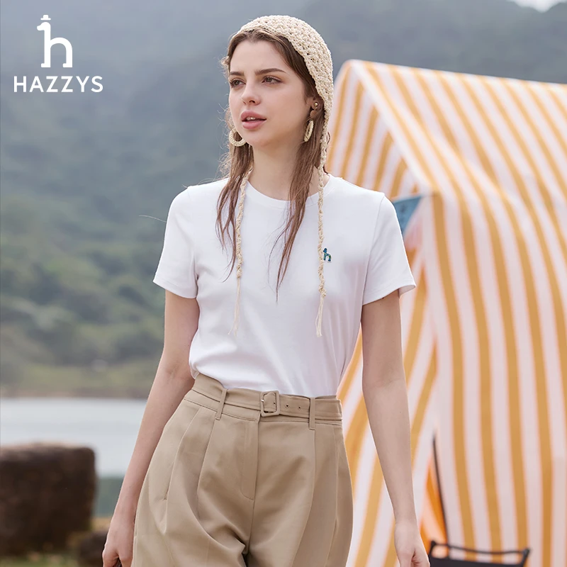 Hazzys/哈吉斯夏季女士圆领透气百搭休闲舒适打底日常简约短袖T恤