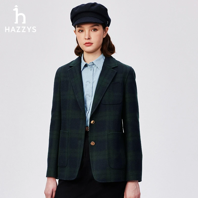 Hazzys哈吉斯秋冬季女士商务休闲西装绵羊毛西服时尚格子单西
