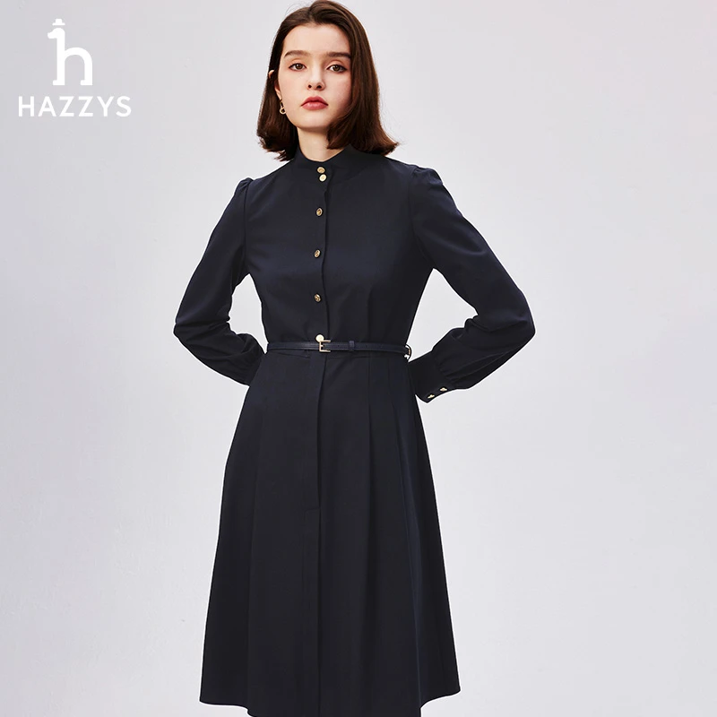 Hazzys哈吉斯秋季女士显瘦长袖纯色时尚连衣裙收腰复古气质裙子