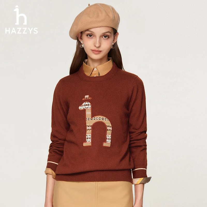Hazzys哈吉斯秋冬套头式大标时尚气质优雅针织羊毛衫毛衣女长袖
