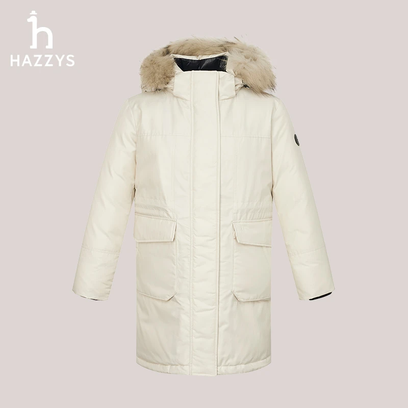 Hazzys哈吉斯冬季女士中长款羽绒服时尚休闲加厚保暖毛领外套
