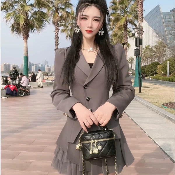 【春季新款】 小众显瘦短款长袖西装外套上衣网纱百褶裙裤收腰修身