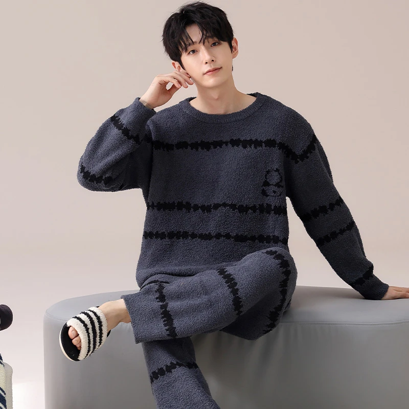 软绵绵半边绒睡衣男款秋冬季加厚保暖卡通熊猫休闲大码男士家居服