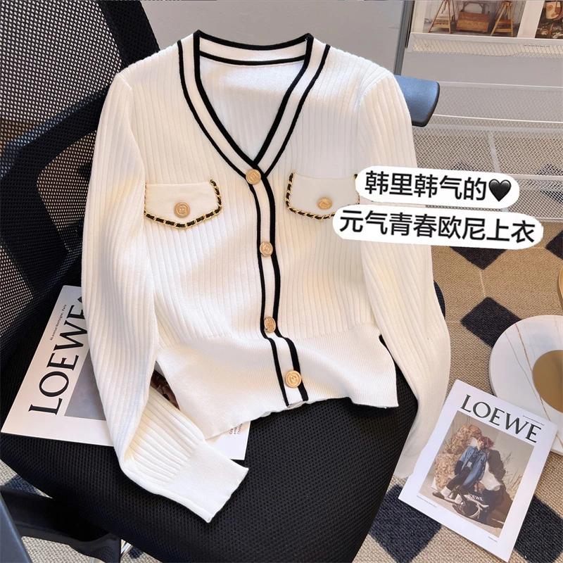 一线品牌折扣店商场剪标女装早秋显瘦长袖针织衫外搭V领打底上衣