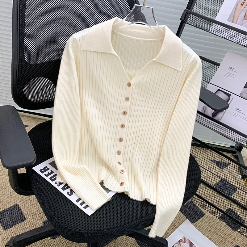 polo领针织开衫翻领坑条修身洋气百搭显瘦针织开衫毛衣外套女