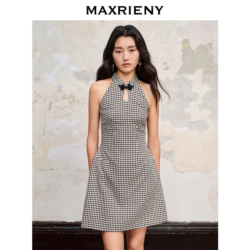 【诗语专属】MAXRIENY中式宫廷千鸟格挂脖连衣裙无袖A摆裙子