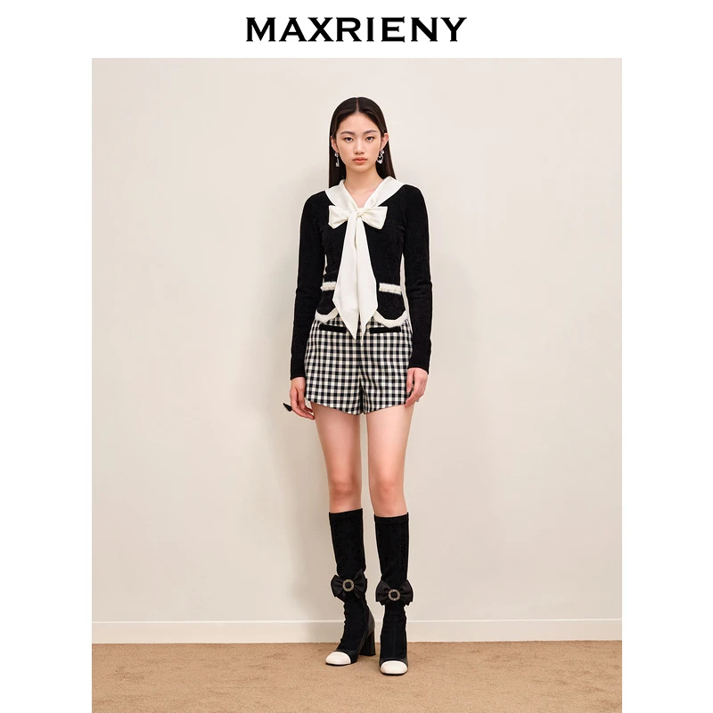 MAXRIENY小香风缎面系带领套头针织衫早秋新款修身上衣女