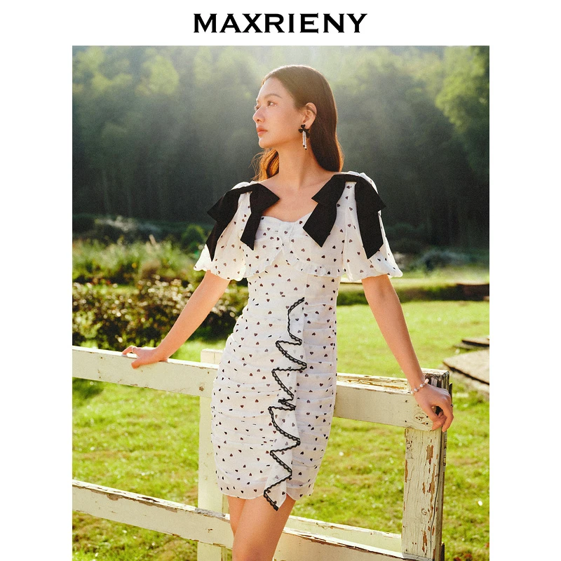 【波动心弦】MAXRIENY爱心抽褶波点连衣裙春季文艺复古感裙子