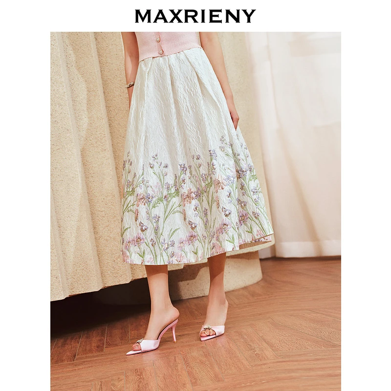 MAXRIENY浪漫复古氛围感花卉提花半裙2024夏季半身裙长裙薄荷曼波