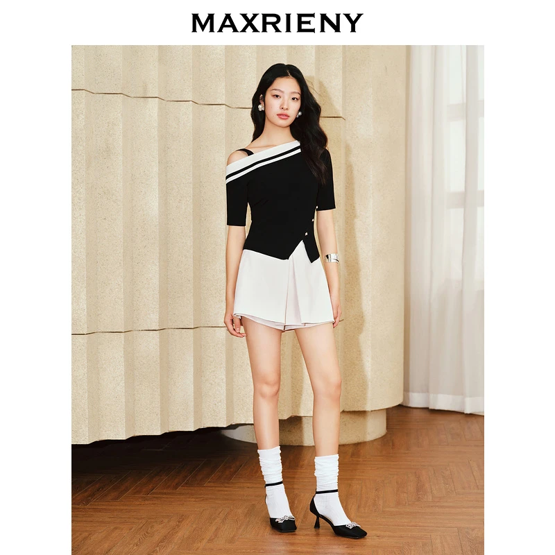 MAXRIENY优雅复古斜肩不对称针织衫2024春季新品修身显瘦上衣女