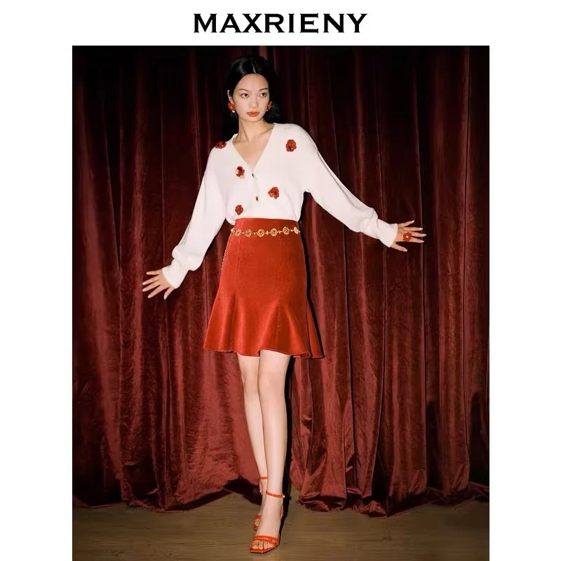 【商场同款】MAXRIENY立体珠片花毛织开衫春季新款复古短